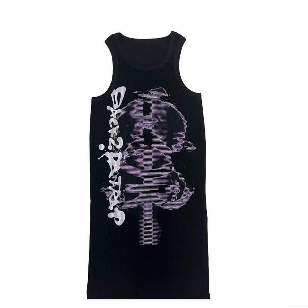 Japanese Cracked Graphic Print Purple Black Thermal Tank Top Wifebeater Shirt- S